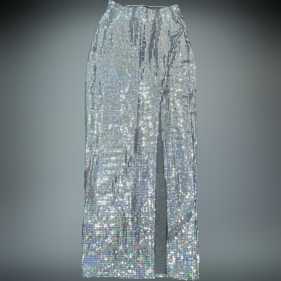 Silver Sequin Maxi Trumpet Skirt with Slit for Night Out Size 4 - Picture 8 of 17